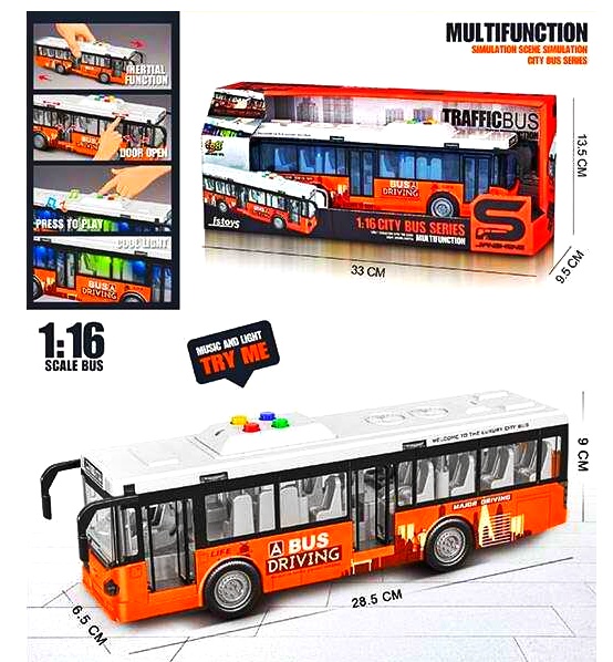 Автобус JS 120 A ,  звук, підсвітка, механічне відкриття дверей, масштаб 1:16, гумові колеса, інерція, в коробці