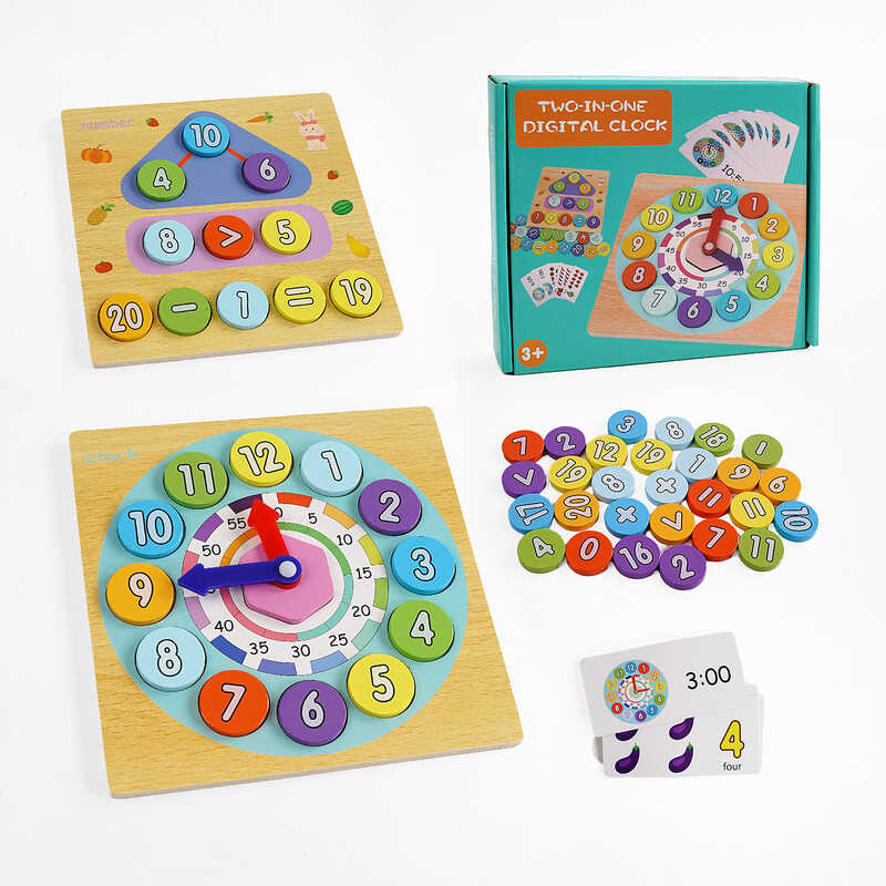 Розвивальна гра C 65689 (60) дерев'яна, двосторонні кружечки з числами, 10 двосторонніх карток із годинниками, цифрами та овочами-фруктами, в коробці