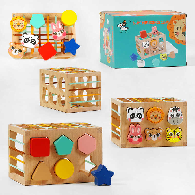 Дерев'яний геометричний сортер C 60392 (27) сортер тваринки, еластичні стрічки, дерев’яний куб, в коробці