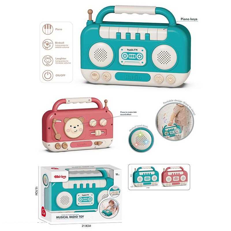 Магнітофон 688-83 (36) підсвічування, звуки, на батарейках, барабани, пискавка, піаніно з режимами гри, тріскачка, пальчикові ігри, мелодії, звуки тварин, в коробці