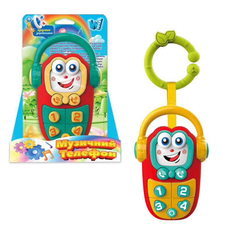 Музичний телефон 50466 (120/2) "WToys", 2 види, ОЗВУЧУВАННЯ УКРАЇНСЬКОЮ МОВОЮ, підсвічування, озвучені репліки, цифри, 4 пісні, 4 казки, в коробці