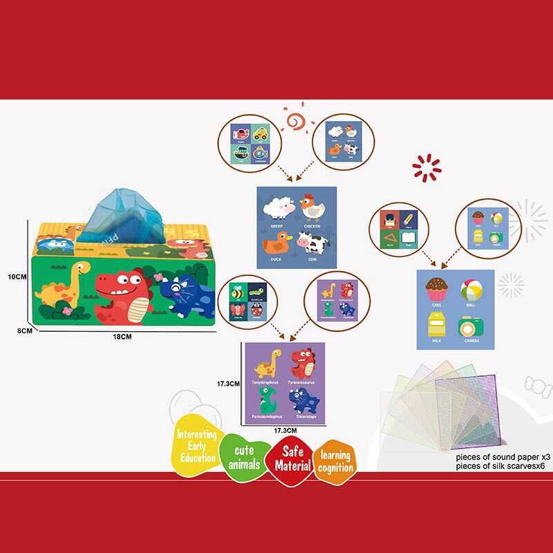 Розвивальна гра 368-4 (168) “Серветниця”, текстиль, 6 серветок, тварини, транспорт, комахи, шкільне приладдя, шелестючі елементи, англійські назви, в пакеті