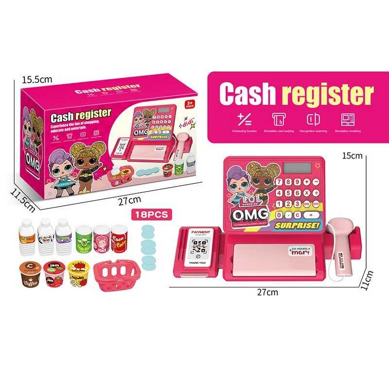 Касовий апарат QY 0087-16 (54/2)  18 предметів, муляж грошей, звук, підсвічування, банківська картка, кошик, в коробці