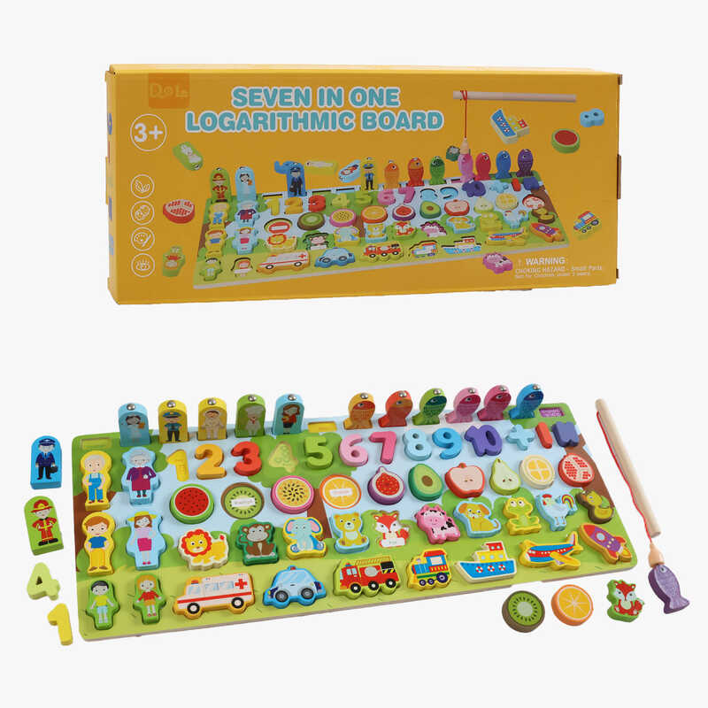 Логічна дерев’яна дошка C 74257 (32) магнітна риболовля, цифри, транспорт, тварини, фрукти, фігурки людей, написи англ. мовою, в коробці