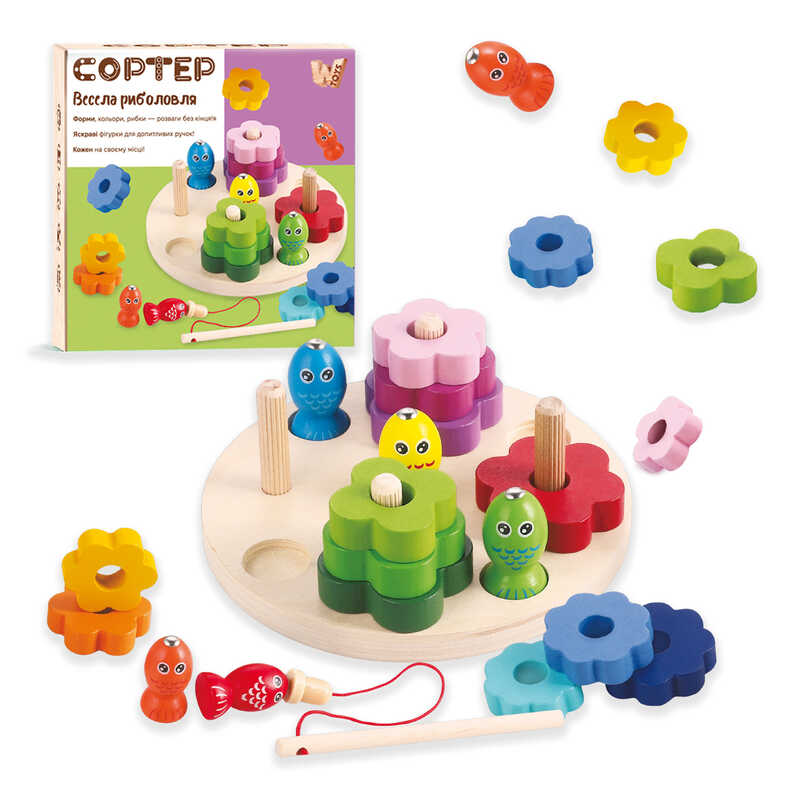 Магнітна риболовля 63544 (48) "WToys", дерев’яна, фігури, вудка, рибки, сортер за кольорами та формами, в коробці