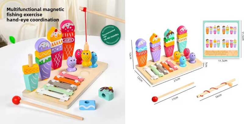 Логічна дерев’яна дошка C 75286 (48) 21х12 см, 3 гри: магнітна риболовля, гра з кілочками та ксилофон, дерев’яна вудочка, молоточок, в коробці