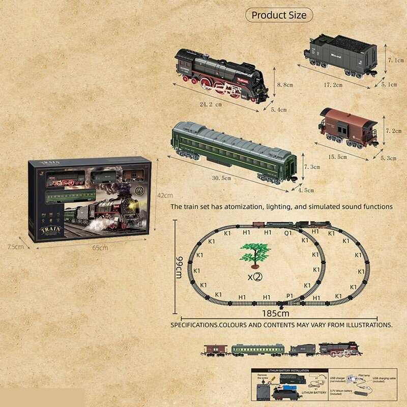 Залізниця 604 B (8) 4 вагони довжиною 81 см, дорога 99х180 см, підсвічування, парогенерація, звук-беззвучний режим, рух вперед-назад, акумулятор 3.7V, муляжі 2 дерев, в коробці