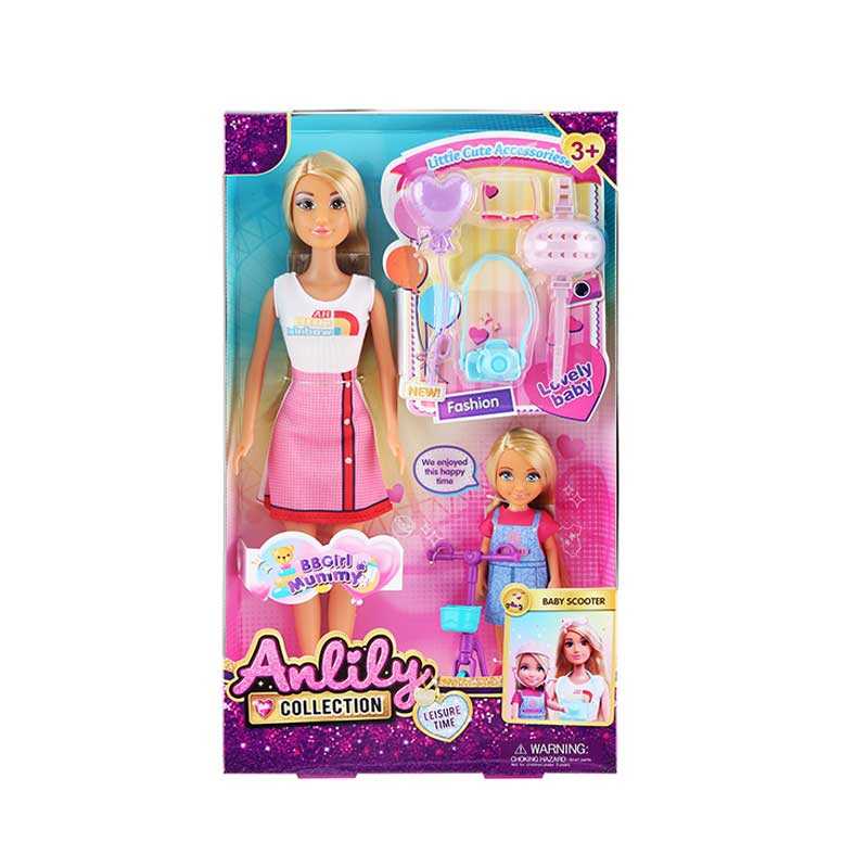 Набір ляльок 616020 (36) 2 ляльки, самокат, аксесуари, висота великої ляльки - 30 см, висота маленької ляльки - 13 см, прошите волосся, гумова знімна голова, в коробці