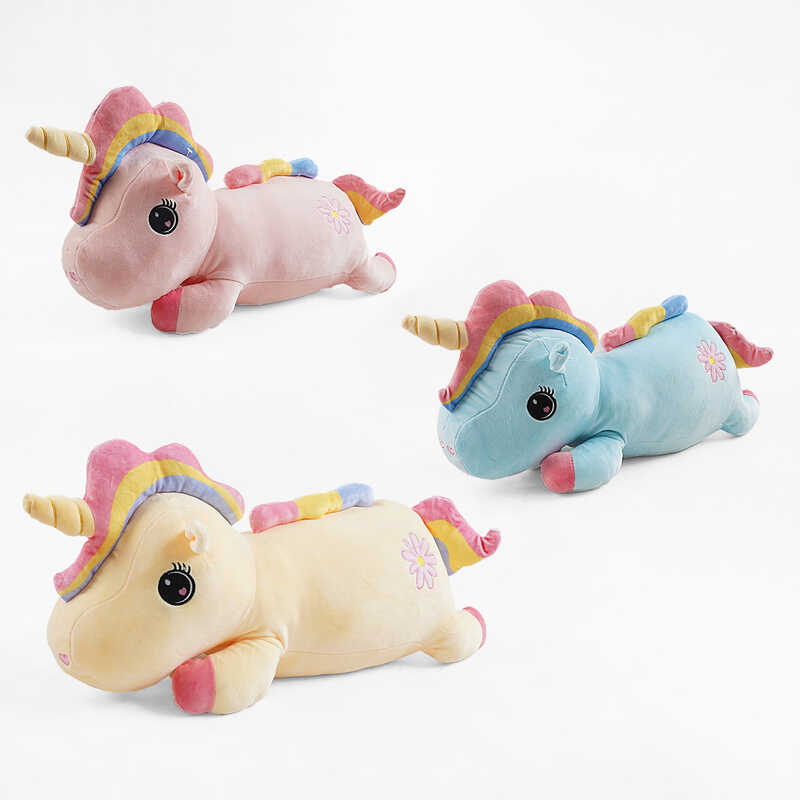 М`яка іграшка M 18287 (50) 3 види, "Єдиноріжка", лежача, довжина 54см, плед, ВИДАЄТЬСЯ МІКС ВИДІВ