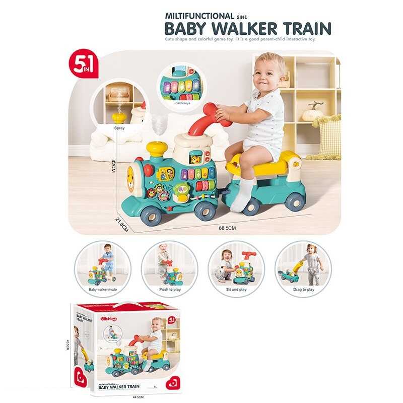 Ходунки-каталка 6064 (6) піаніно, звук, підсвітка, толокар, годинник, сортер, рухомі елементи, парогенератор, звук потяга, на батарейках, в коробці