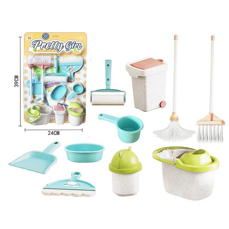 Набір господарки YY 222 (144/2) 10 елементів, 3 відра, ківш, таз, швабра, віник, совок, валик, шпатель, рухомі елементи, на листі