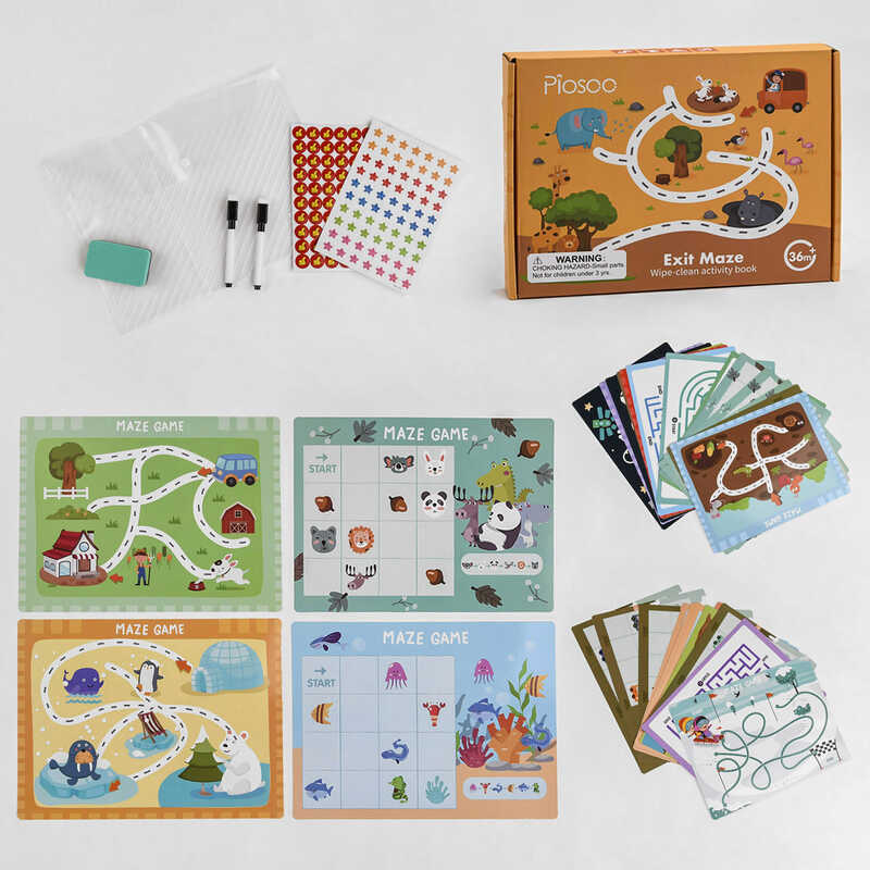 Логічна гра С 47861 (36) "Багаторазова книга – лабіринт", 30 ігрових карток. два фломастери, тека, наліпки, в коробці