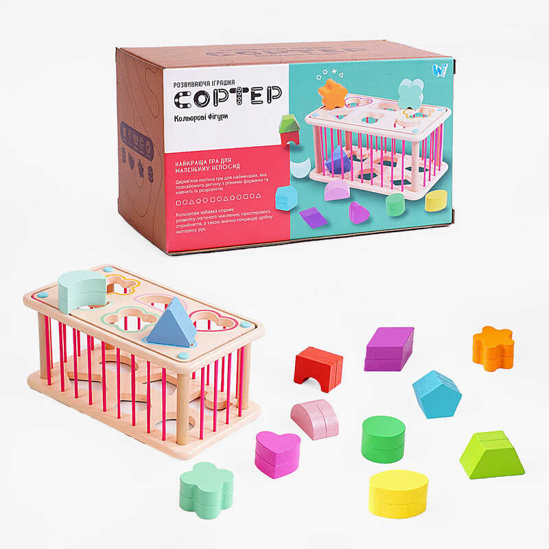 Логічна гра C 60434 (30) "WToys", 2 геометричних сортери, стінки з резинок, 12 дерев’яних фігурок, в коробці