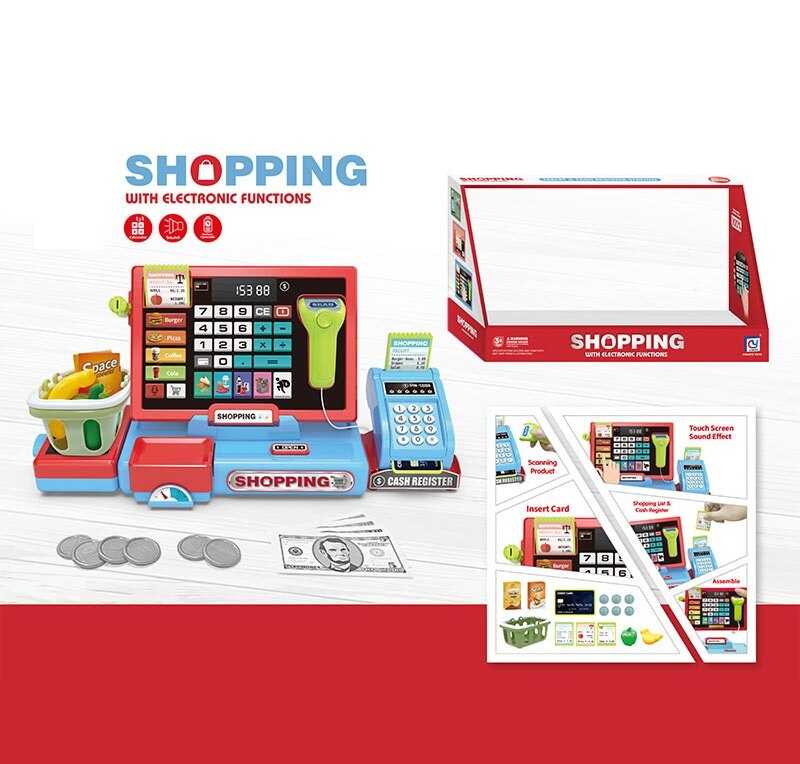 Касовий апарат 818-389 (16/2) розмір - 37.5х13х16.5 см, калькулятор, сканер, стрічка, термінал, кошик, продукти, картка, гроші, чеки, монети, звуки, підсвічування, рухомі елементи, в коробці