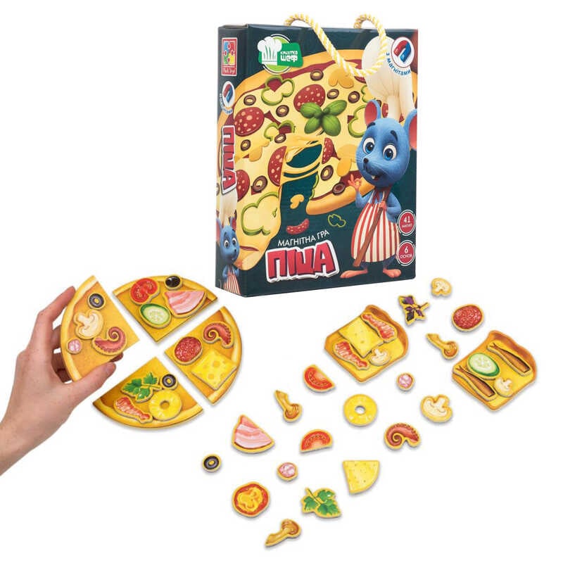 гр Гра настільна "Магнітна кулінарна гра. Піца" VT3004-02 укр. (8) "Vladi Toys", 6 основ, 41 магнітний елемент