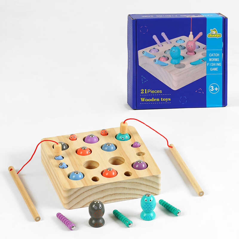 Магнітна риболовля C 60368 (60) дерев'яна, 10 рибок, 8 хробачків, вудки з магнітами, в коробці