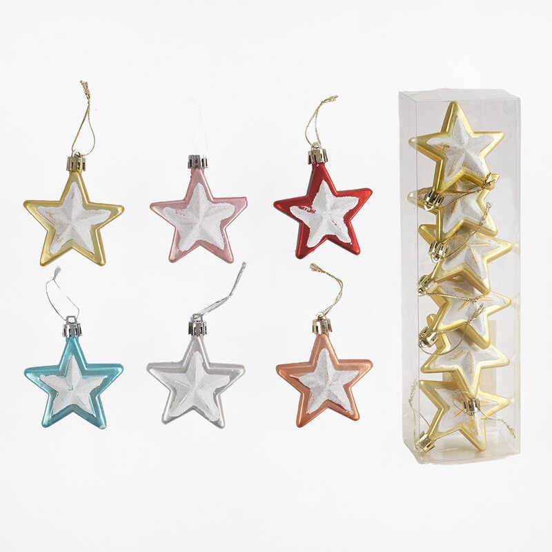 Новорічні прикраси C 67720 (140) 6 видів, зірочки, 6 штук, у слюді, ВИДАЄТЬСЯ МІКС ВИДІВ