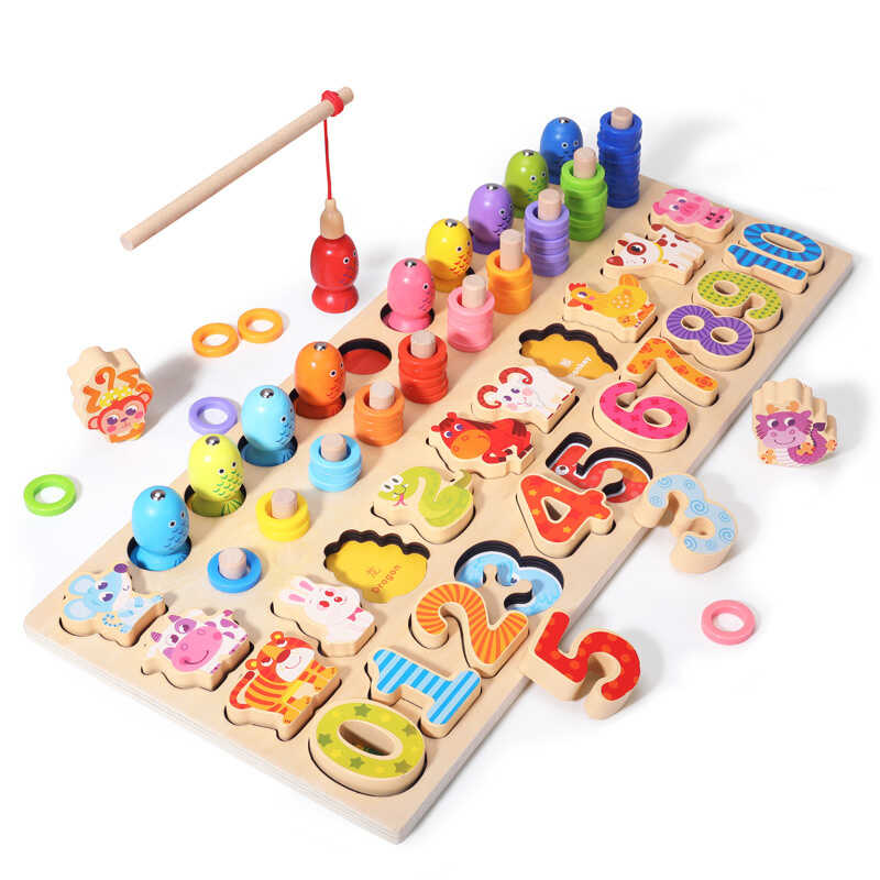 Логічна дерев’яна дошка С 74628 (18) назви англ. мовою, магнітна риболовля, вкладиші, цифри, тваринки, кольорові кільця, сортер, в коробці