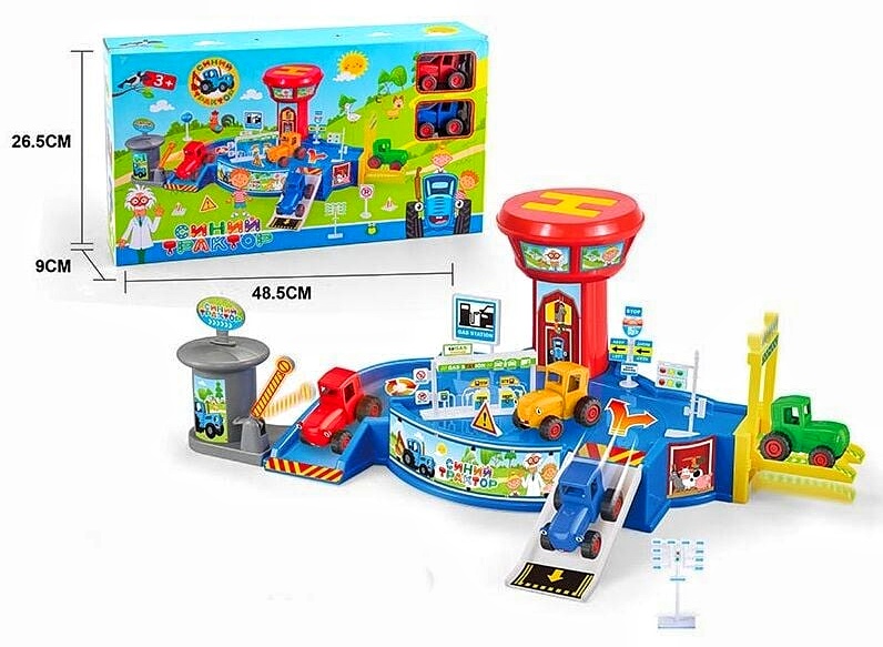 Автопарк 9609 «Синій трактор» , трек, заправна станція, оглядова вежа, 2 трактори, інерція, гумові шини, аксесуари, наліпки, в коробці