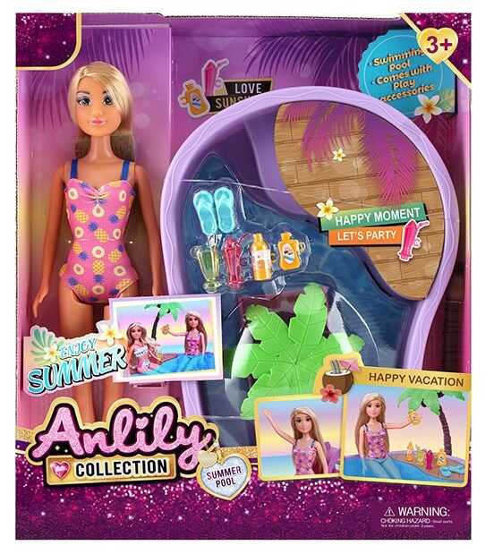 Лялька з аксесуарами 616112 (18) висота 29 см, знімний одяг та взуття, об’ємний басейн, гірка, пальма, склянки для напоїв, крем від сонця, капці, в коробці