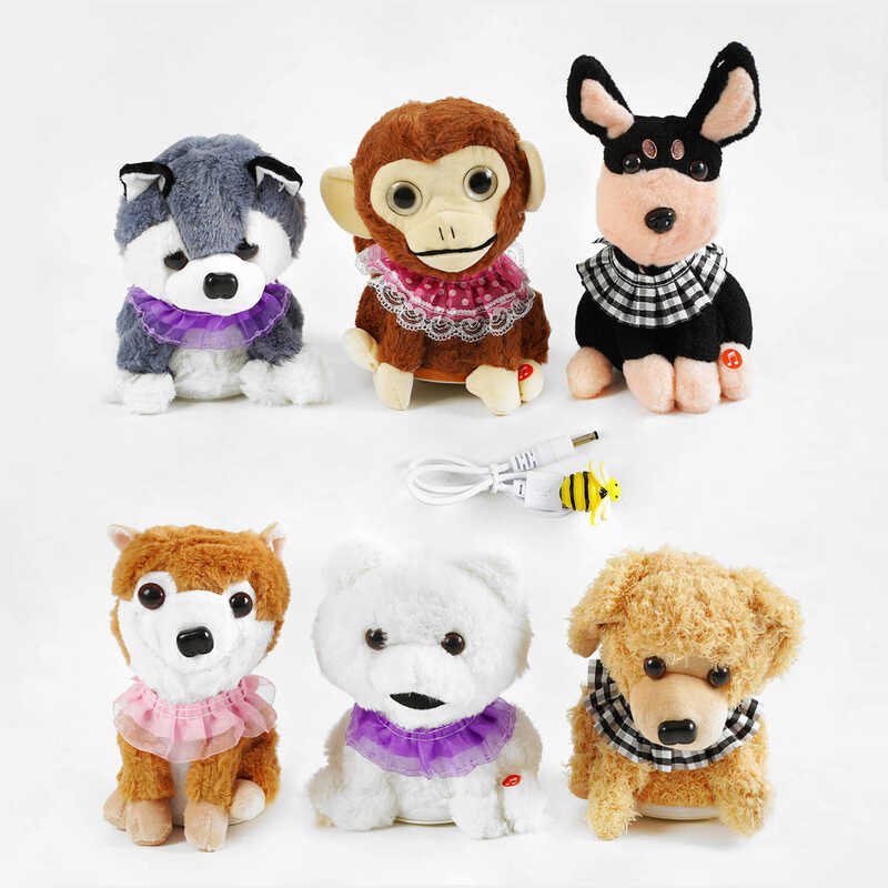 М'яка інтерактивна іграшка C 61639 (100) 6 видів, висота 22 см, рухає головою, повторюшка, магнітна бджілка, USB-кабель, пісні англійською мовою, ВИДАЄТЬСЯ ТІЛЬКИ МІКС ВИДІВ, у пакеті