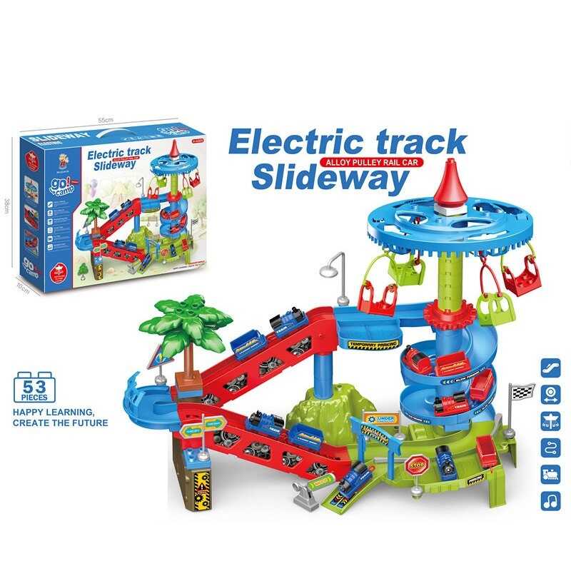 Трек 222 B 139 (12) 53 елементи, наліпки, 2 потяги, 2 знімних вагони, рухлива карусель, на батарейках, музика, зміна режимів, автоматичний підіймач, в коробці