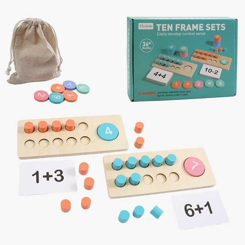 Математична дошка C 74261 (40) дерев’яна, 2 основи, цифри, арифметичні знаки, картки з прикладами, дерев’яні циліндри, мішечок, в коробці