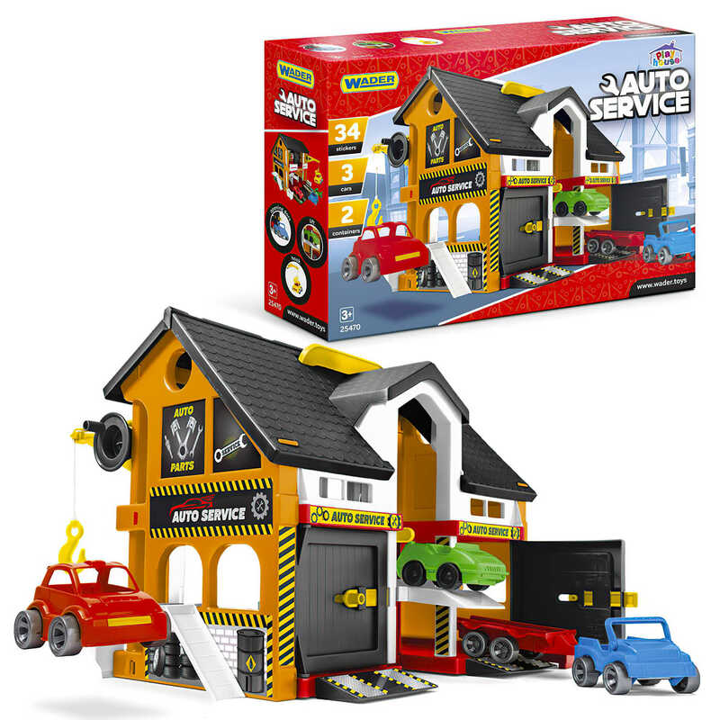 гр Будиночок "Play house" авто-сервіс 25470 (5) "WADER", 3 машинки, підйомник, аксесуари, 34 наліпки,  в коробці