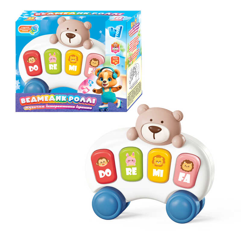 Піаніно "Ведмедик Роллі" 10799 (120) "WToys", ОЗВУЧУВАННЯ УКРАЇНСЬКОЮ МОВОЮ, назви тварин та цікаві факти, 8 пісень, 8 казок, підсвічування, клавіші, в коробці