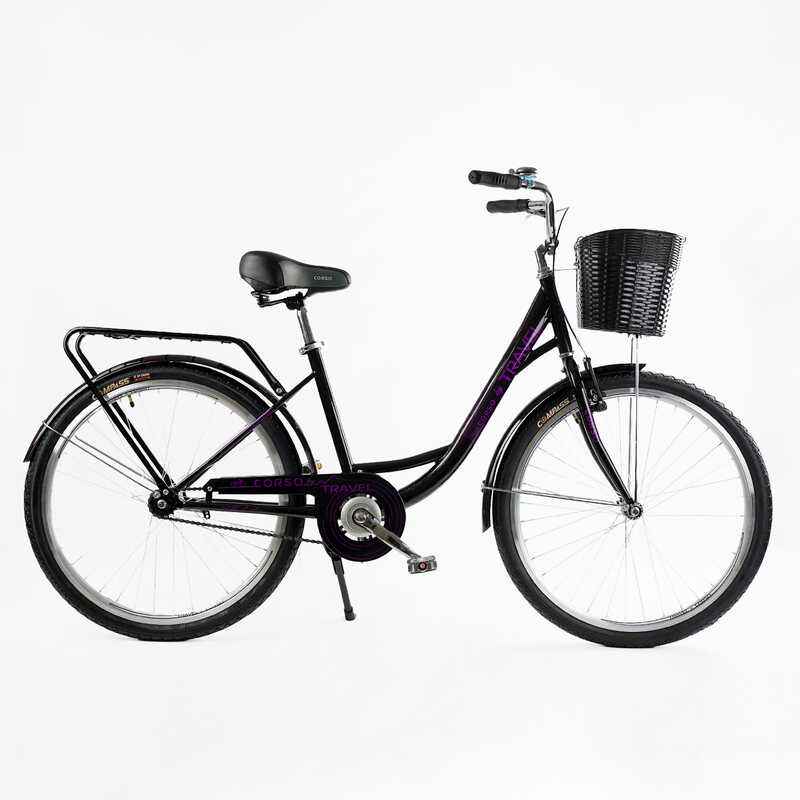 Велосипед міський Corso «TRAVEL» 26`` TL-26523 + КОШИК (1) ТЕМНО-ФІОЛЕТОВИЙ, одношвидкісний, сталева рама 16.5``, корзина, багажник