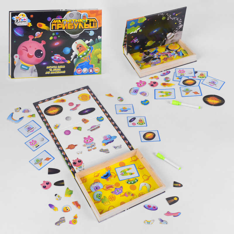 гр Дерев'яна гра 18094 "Космічні прибульці" (12) "4FUN Game Club Wood", 68 елементів, пазли, маркер, магнітна дошка, українською мовою, в коробці