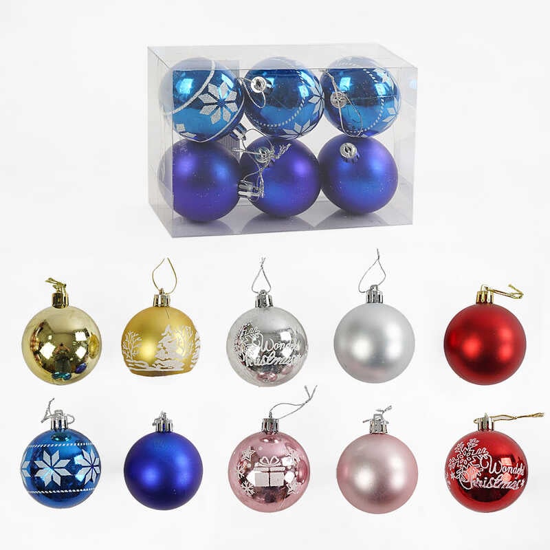 Новорічні прикраси C 67662 (120) 5 видів, кульки, 6 штук, D=6 см, у слюді, ВИДАЄТЬСЯ МІКС ВИДІВ