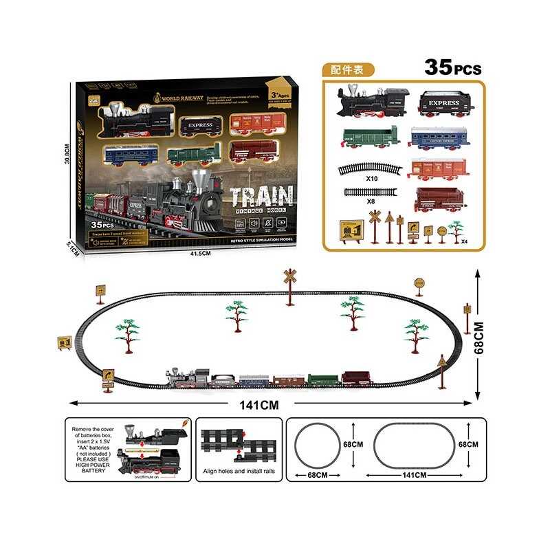 Залізниця 9299-88 (30) 35 елементів, 6 вагонів довжиною 66 см, дорога 141х68 см, підсвічування, звук-беззвучний режим, рух вперед, на батарейках, в коробці