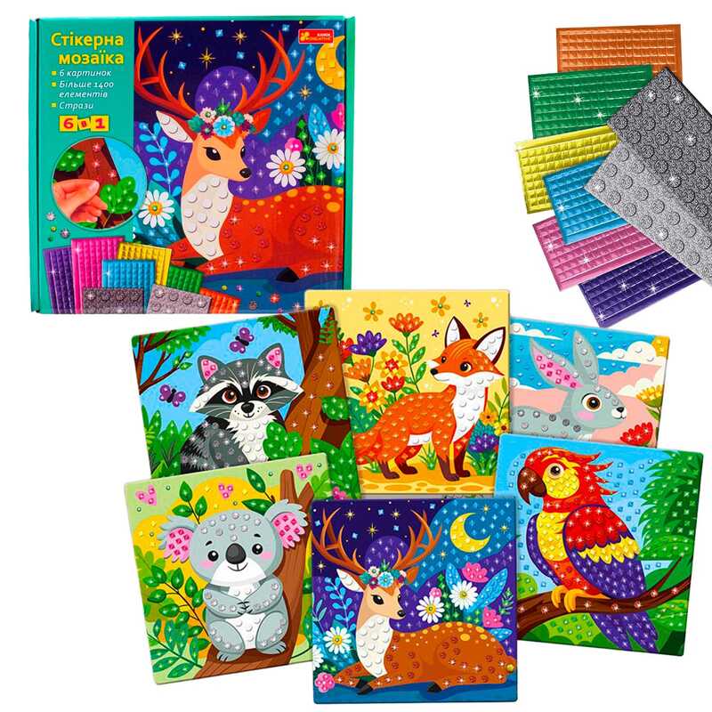 гр Великий набір "Стікерна мозаїка" 10100678У (17) "Ранок", 6 картинок, 1400 наліпок, в коробці