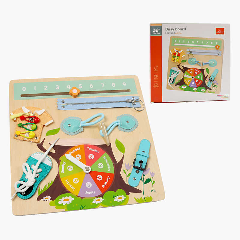 Бізіборд дерев'яний C 66130 (48) застібки, ремені, блискавки, шнурівка, в коробці