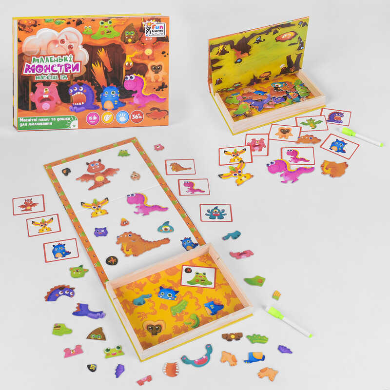 гр Дерев'яна гра 17037 "Маленькі монстри" (12) "4FUN Game Club Wood", 68 елементів, пазли, маркер, магнітна дошка, на укр. мовою, в коробці