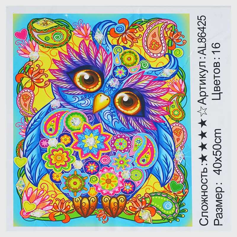 Алмазна мозаїка AL 86425 ЗІ СТРАЗАМИ РІЗНОЇ ФОРМИ (30) "TK Group", 40х50см, “Яскрава сова”, в коробці