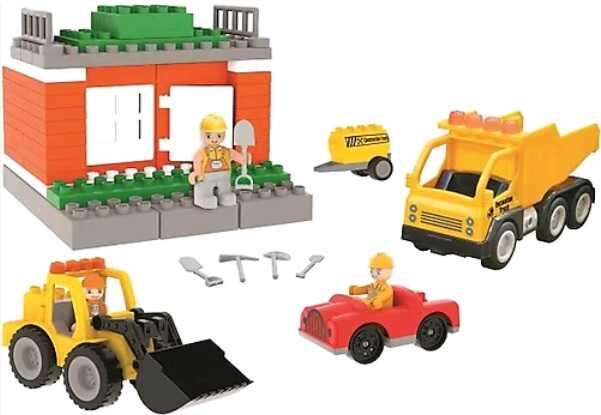 Конструктор 03-614 Pilsan (6) "Будівельний майданчик", вантажівка, бульдозер, фігурки людей, рухомі деталі, огорожі, в коробці