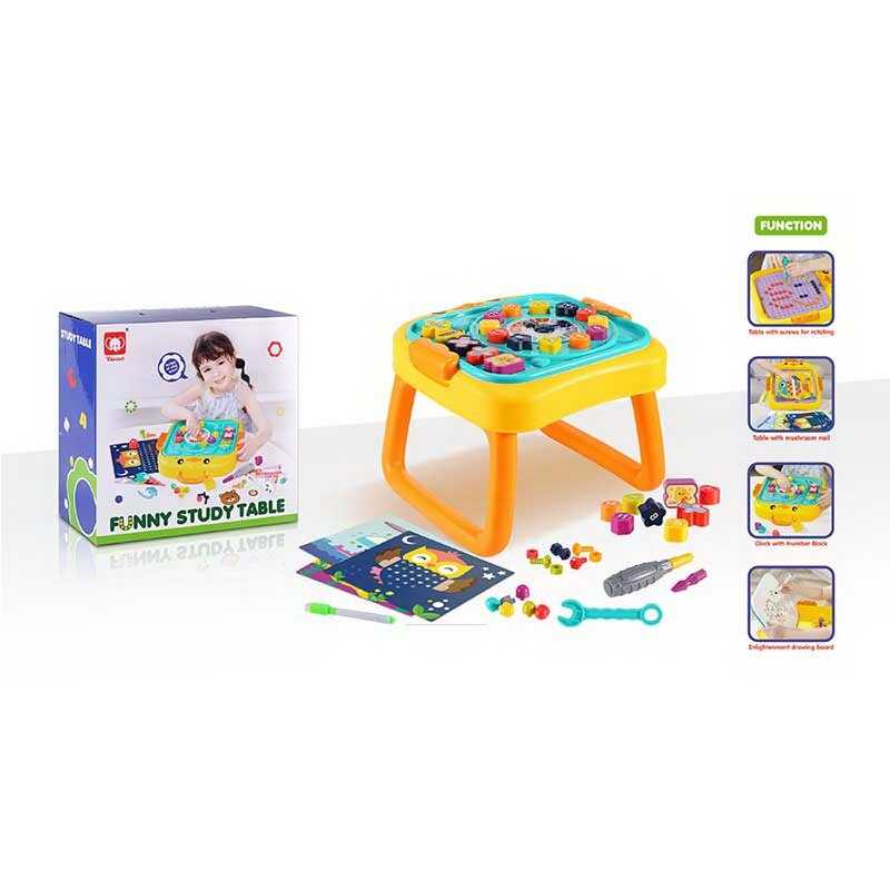 Ігровий столик 835 (18) мозаїка, дошка пиши-витирай, болтики, викрутка, геометричний сортер, пазл, годинник, цифри й математичні знаки, в коробці