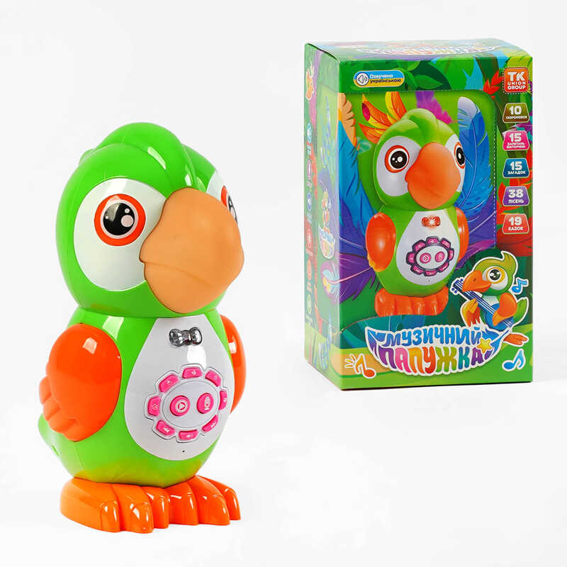 Музичний папужка 45158 (24/2) "TK Group", ОЗВУЧУВАННЯ УКРАЇНСЬКОЮ МОВОЮ, пісні, казки, скоромовки, загадки, вікторина, підсвічування, запис голосу, сенсорні датчики, в коробці