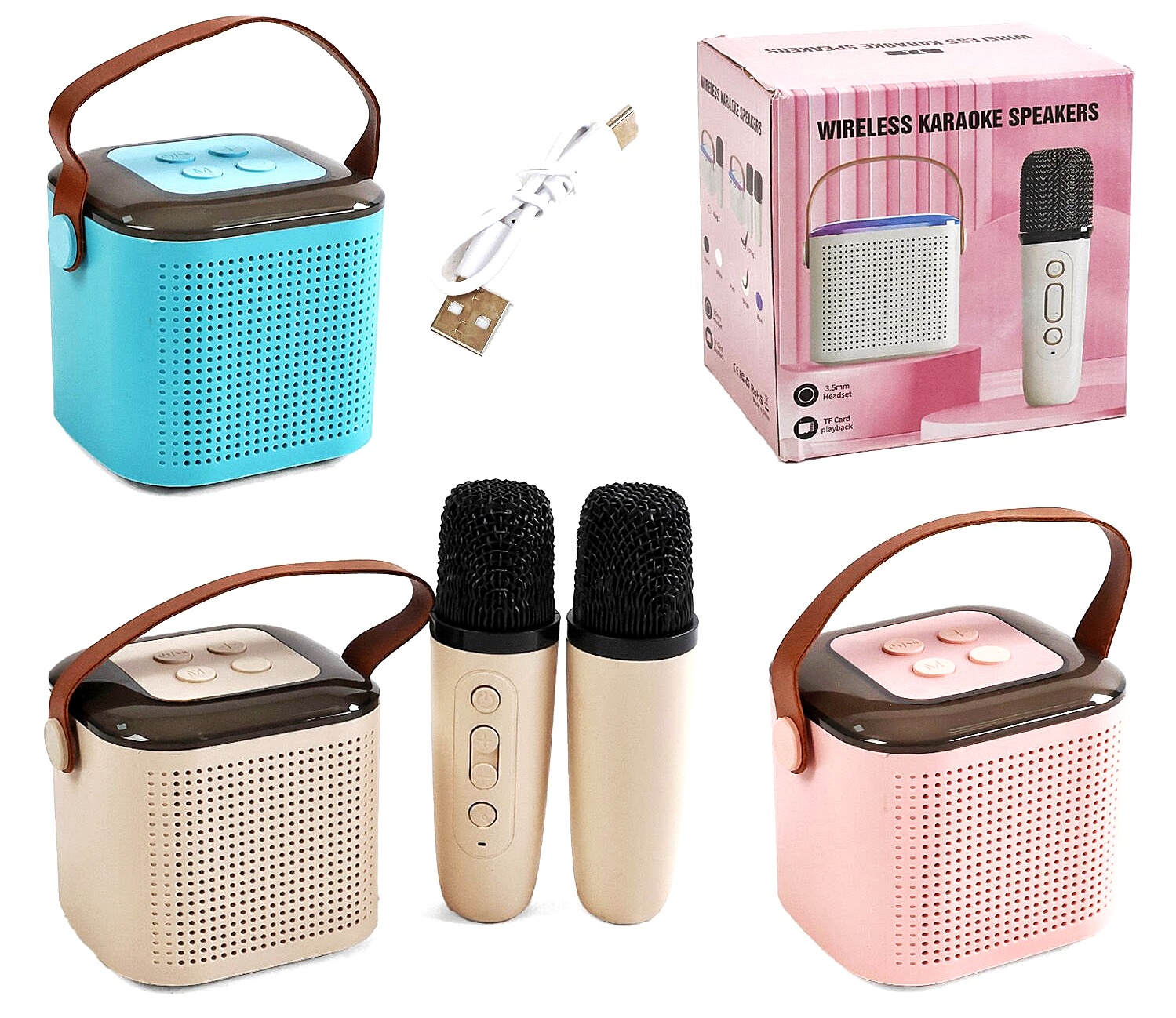 Портативна Bluetooth колонка  72965 , з караоке  мікрофоном - 2 шт та RGB підсвічуванням , зміна голосу, type-c , TF картка, 3 кольри, коробка