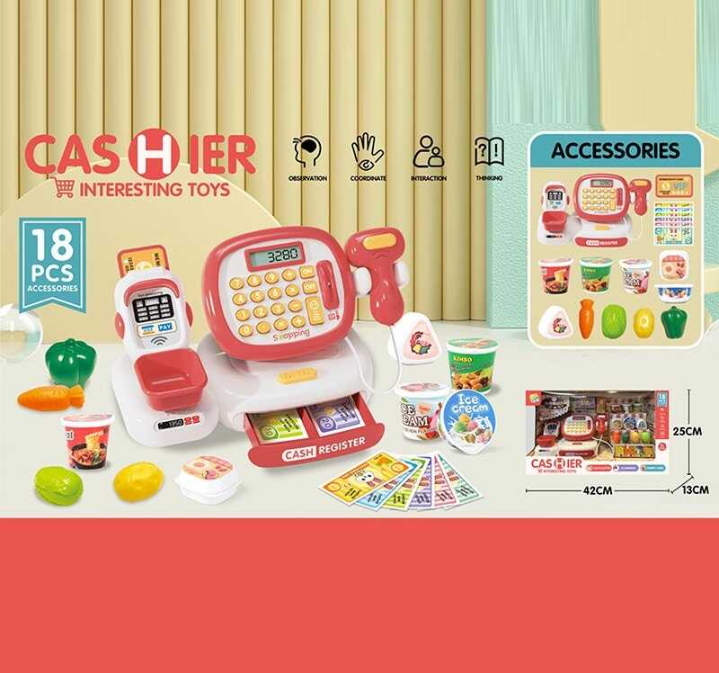 Касовий апарат C 668-31 (24/2) 18 аксесуарів, муляжі харчових продуктів, підсвічування сканера, звук, калькулятор, іграшкові гроші, в коробці