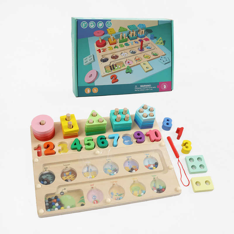 Логічна дерев’яна дошка C 74580 (24) 30х22.5х5 см, сортер, кілочки, магнітний стилус, геометричні фігури, цифри та магнітні кульки, в коробці