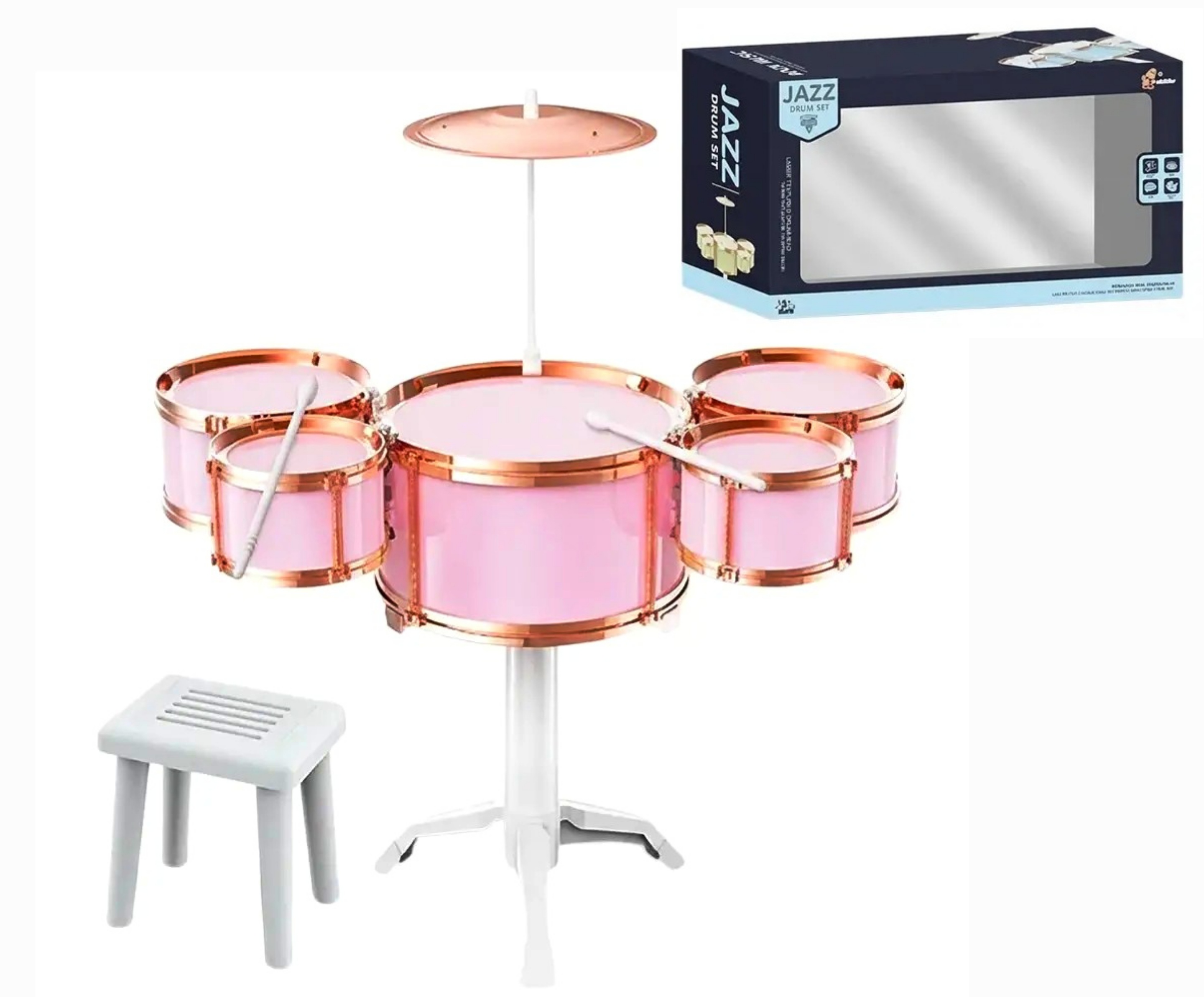 Барабанна установка XBL 993-5 рожева , 10 елементів, 5 барабанів, діаметри: 23 см, 13 см, 16 см, тарілка, стільчик, палички , в коробці