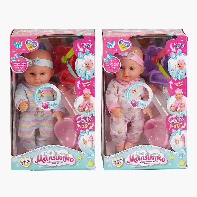 Пупс функціональний UKA-A 0940-4 (32/2) 2 види, "WToys", ОЗВУЧУВАННЯ УКРАЇНСЬКОЮ МОВОЮ, звук, від батарейок, п`є, ходить в туалет, в коробці