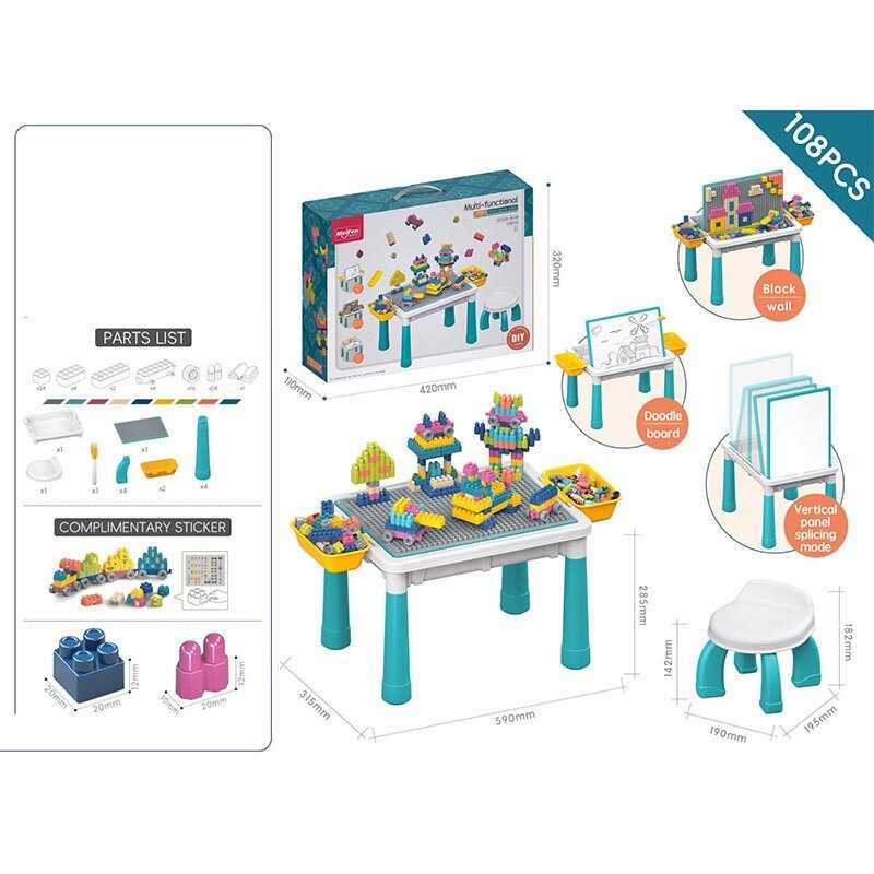 Столик з конструктором 10350 A-Q 03 B (18) 108 деталей, розмір столика:  59х31.5х28.5 см, стільчик, еластичні гумові деталі, дошка для малювання, маркер “пиши-витирай”,  в коробці