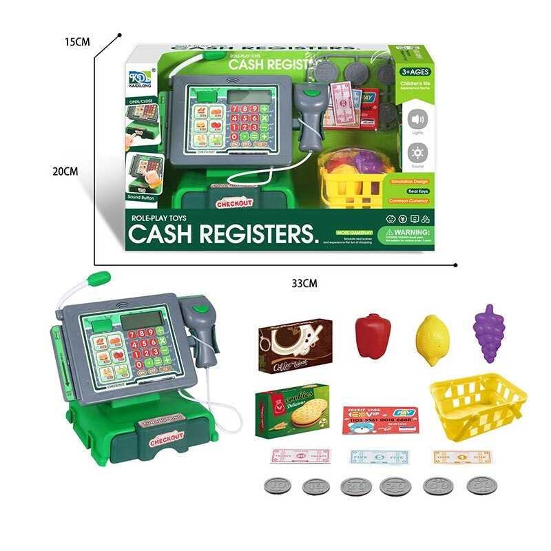 Касовий апарат KDL 888-57 (36/2) розмір: 21х14х17 см, сканер, калькулятор, мікрофон, звук, підсвічування, висувний ящик, продуктовий кошик, овочі, гроші, банківська картка, в коробці