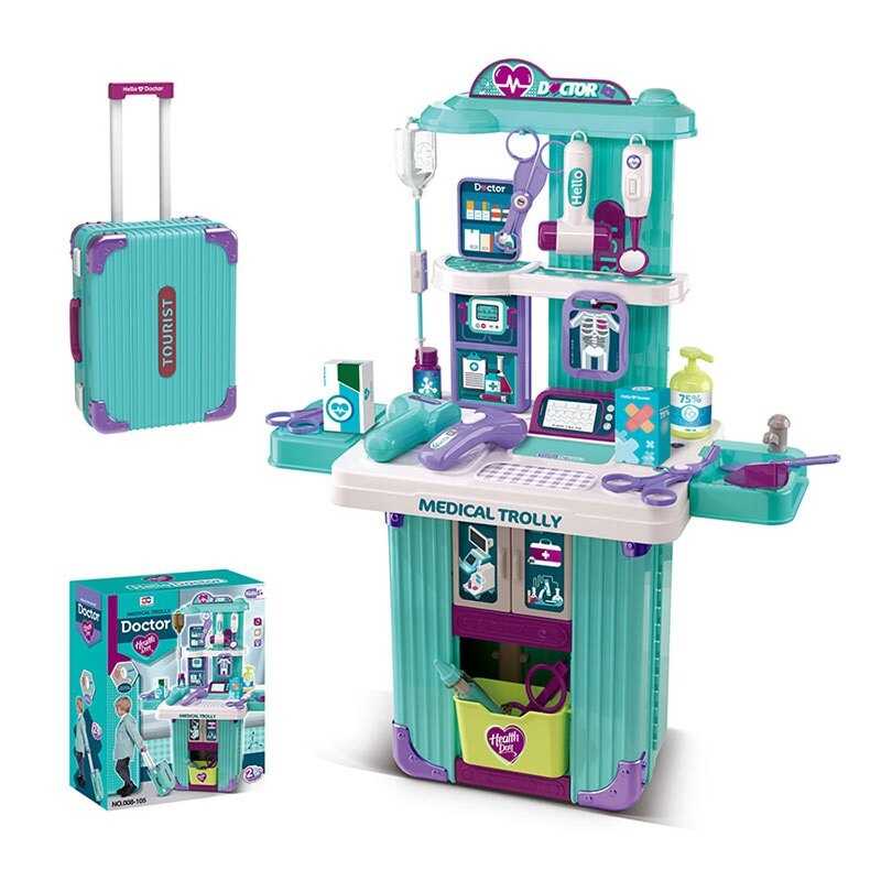 Набір лікаря 008-105 (8) валіза, висувна ручка, на коліщатках, монітор, електронний термометр, сканер, дзеркало, молоточок, окуляри, ножиці, шприц, крапельниця, ліки, кошик, наліпки, в коробці