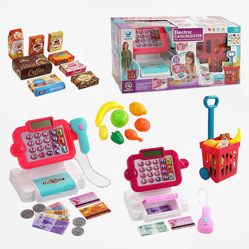 Касовий апарат 66107 (18) 2 кольори, 32 елементи, калькулятор, звук, підсвічування, імітація розрахунку карткою, купюри, кошик з продуктами, в коробці