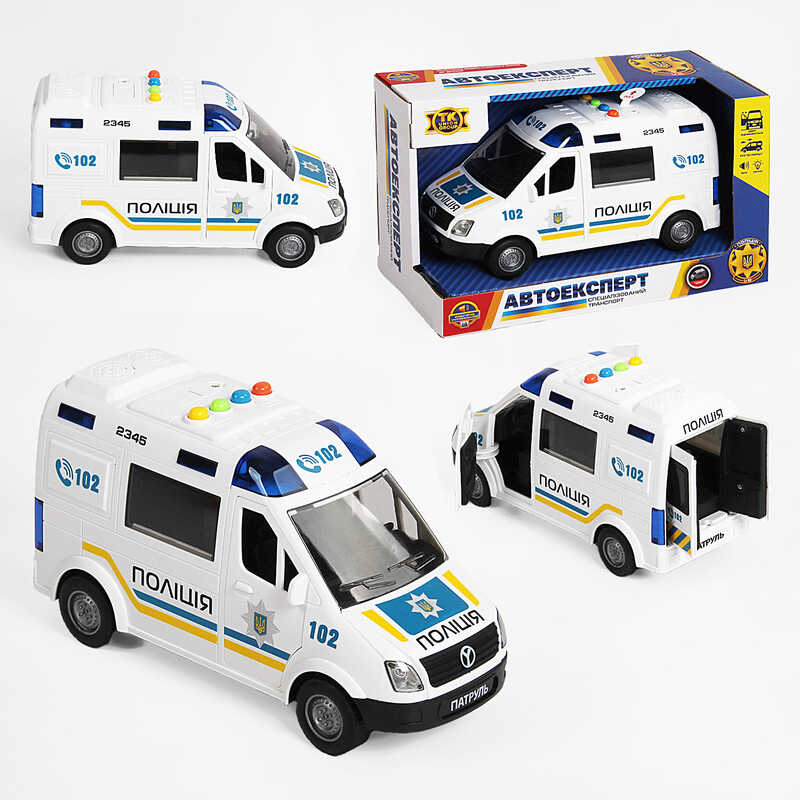Машина "Поліція" 69609 (36) "Авто Експерт", УКРАЇНСЬКЕ ОЗВУЧУВАННЯ, тематичні фрази та пісні, підсвічування, відчиняються двері, інерція, гумові колеса, в коробці